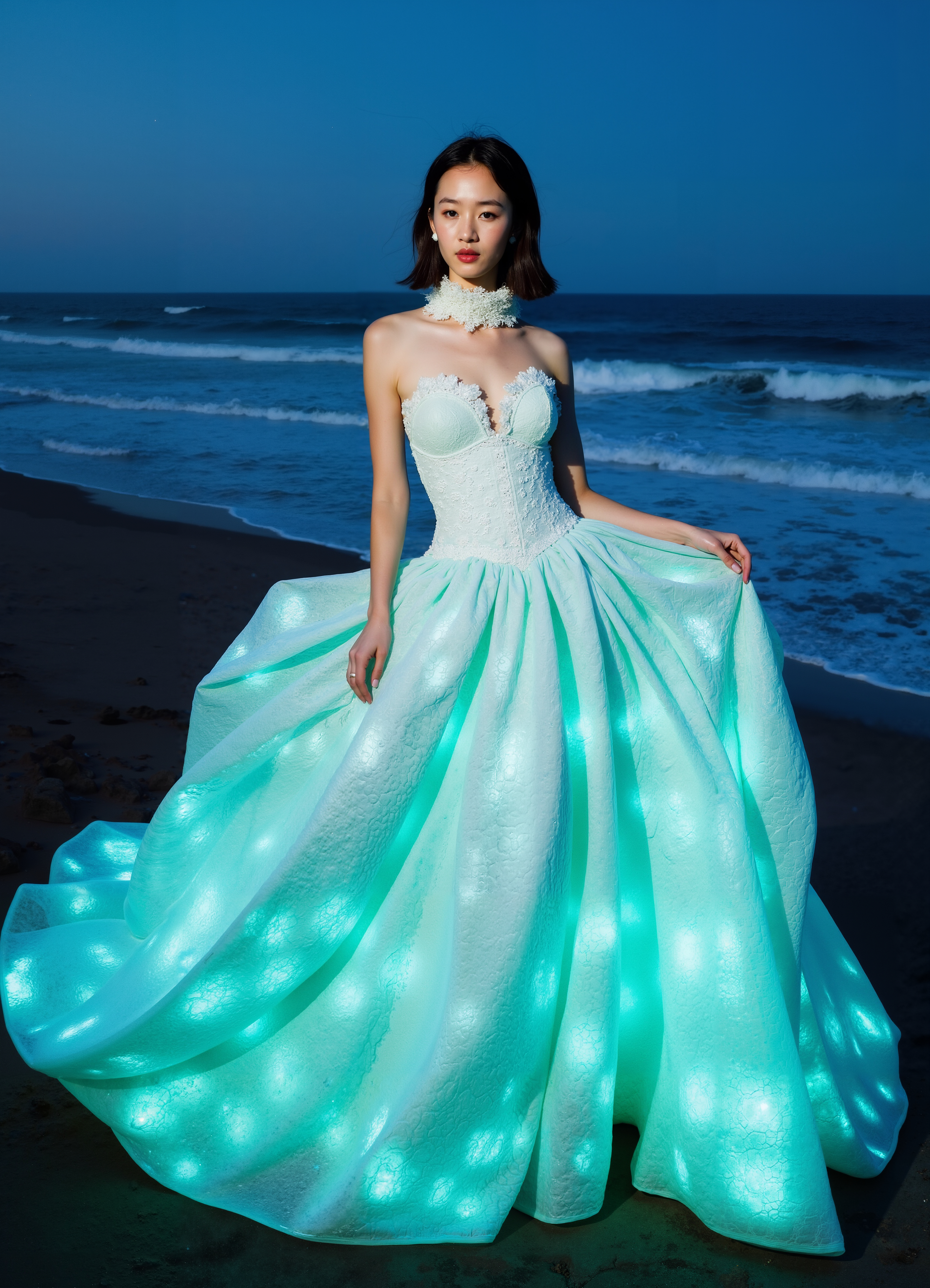 Aqua Dream Gown Glowing Light Up Dress On A Serene Beach At Twilight