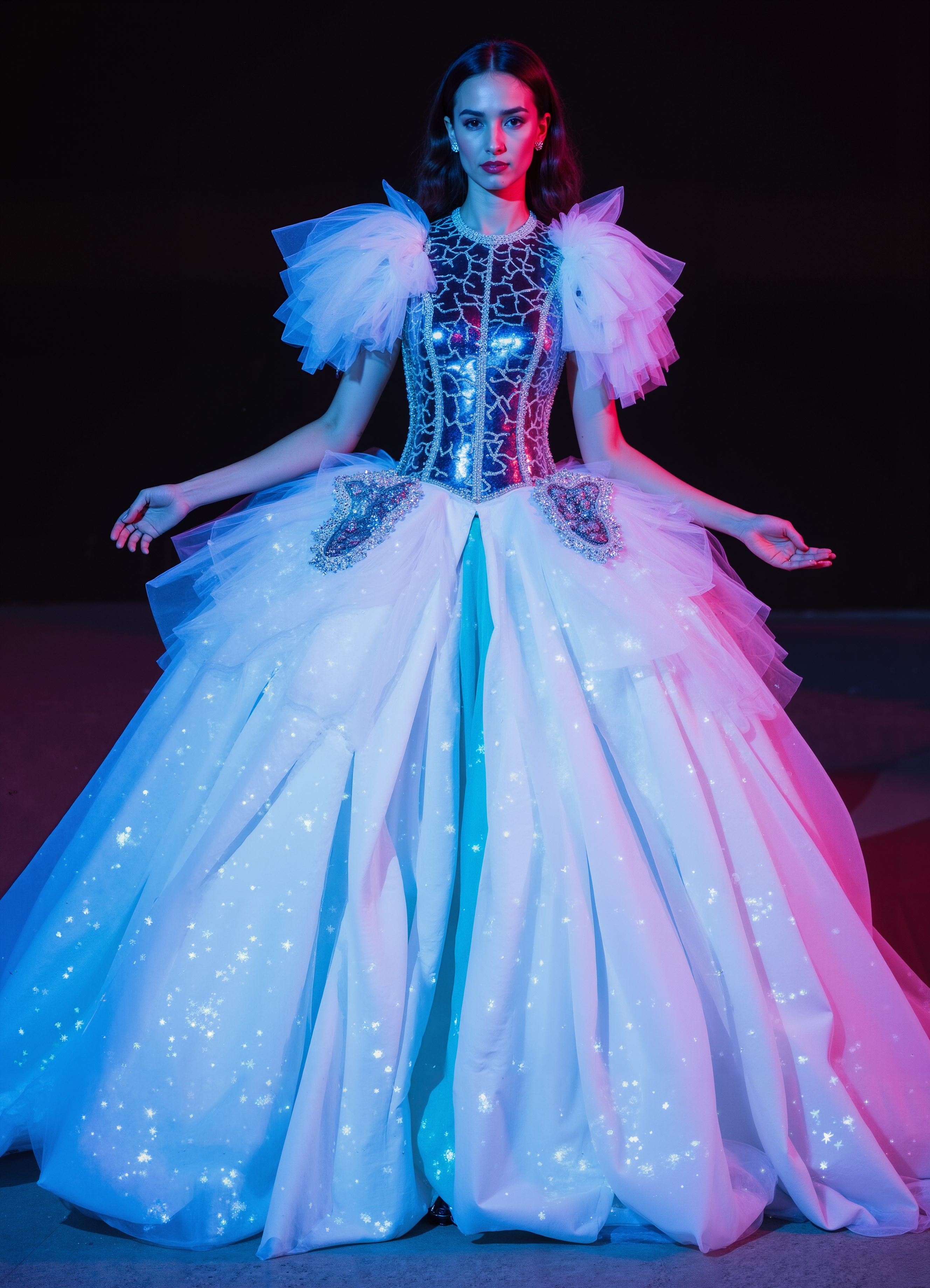 Aqua Dream Gown Glowing Light Up Dress With Textured Shoulders Flowing Layers