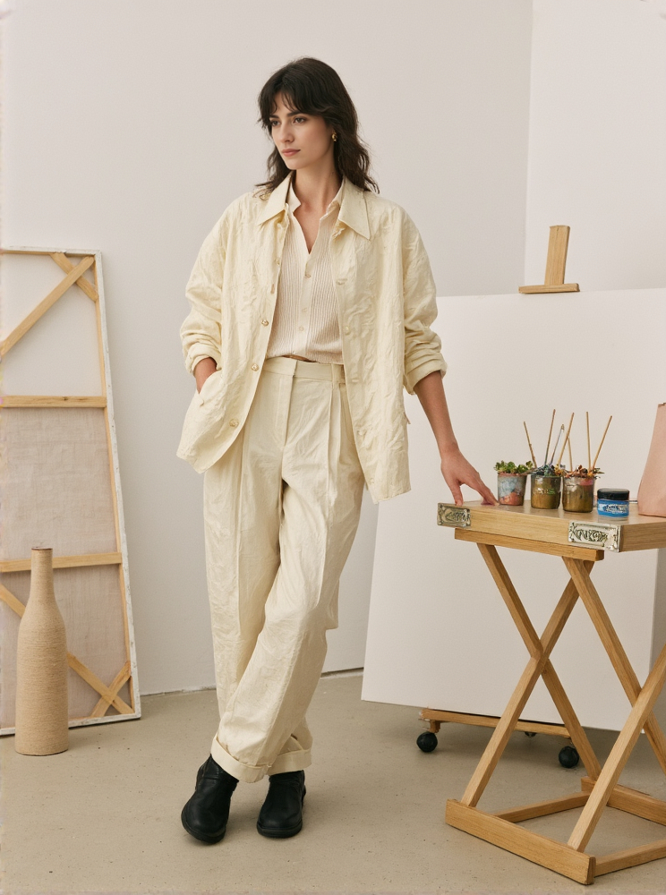 Artists Style Woman In Cream Overalls By Easel