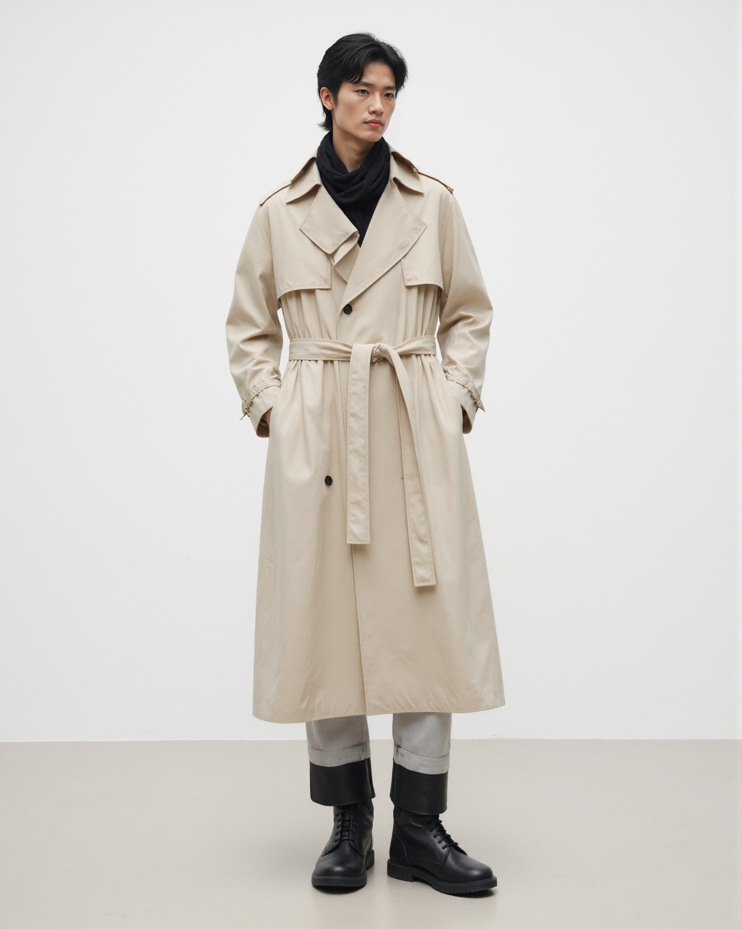 Asian Street Style Trench Coat Black Scarf Boots