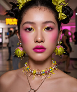 Asian Woman With A Vibrant Colorful Makeup Makeup Look Wearing Yellow Hair Bows And