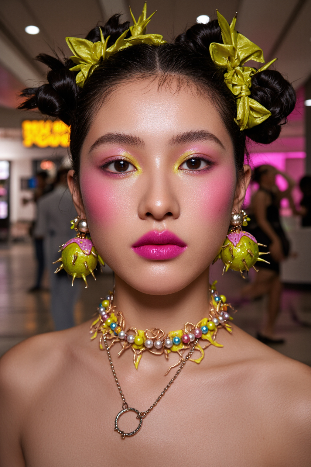 Asian Woman With A Vibrant Colorful Makeup Makeup Look Wearing Yellow Hair Bows And