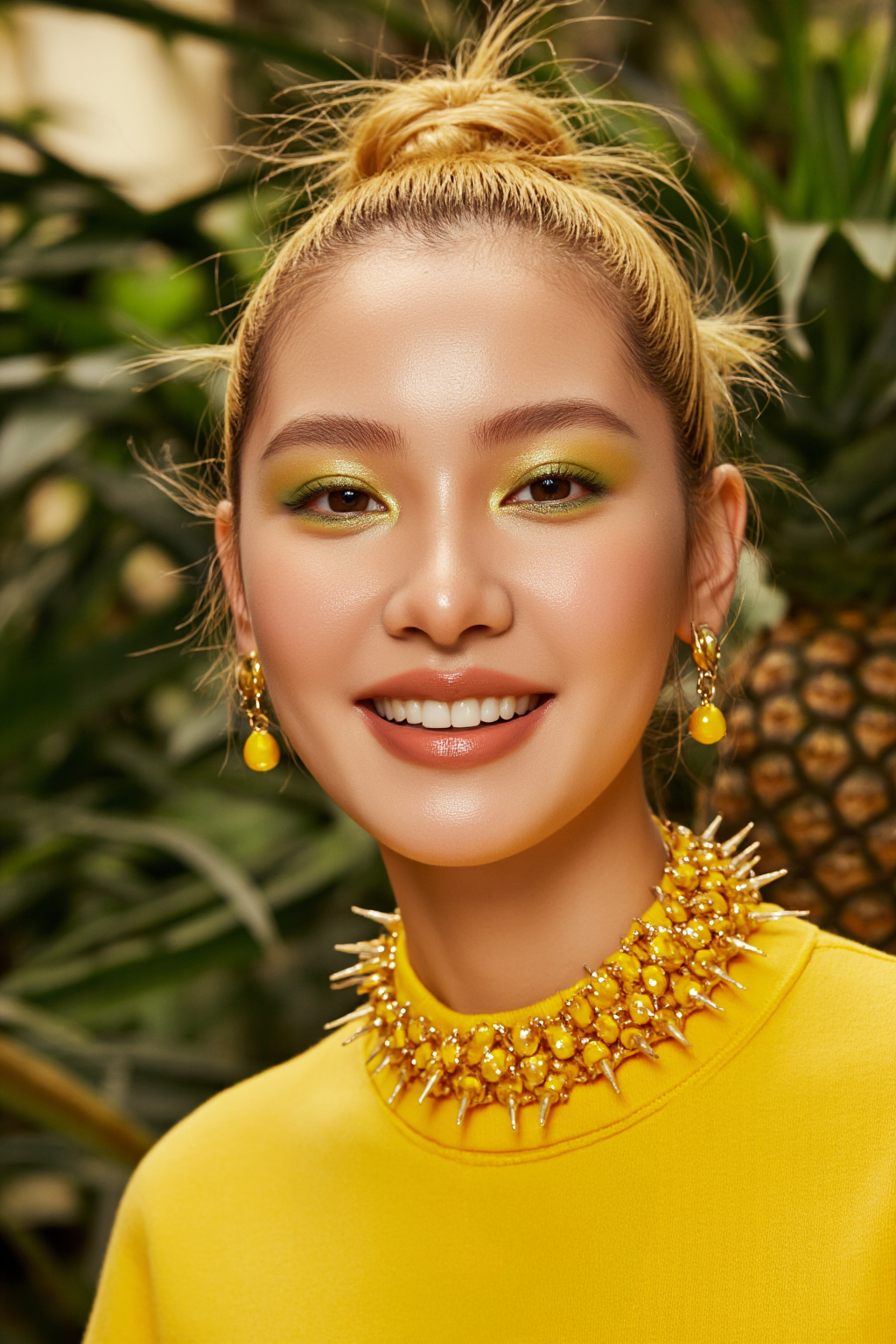 Asian Woman With Blonde Hair In A Bun Wearing Vibrant Yellow Makeup And A