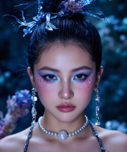 Asian Woman With Fair Skin Dark Hair In An Updo Wearing Glittery Makeup And