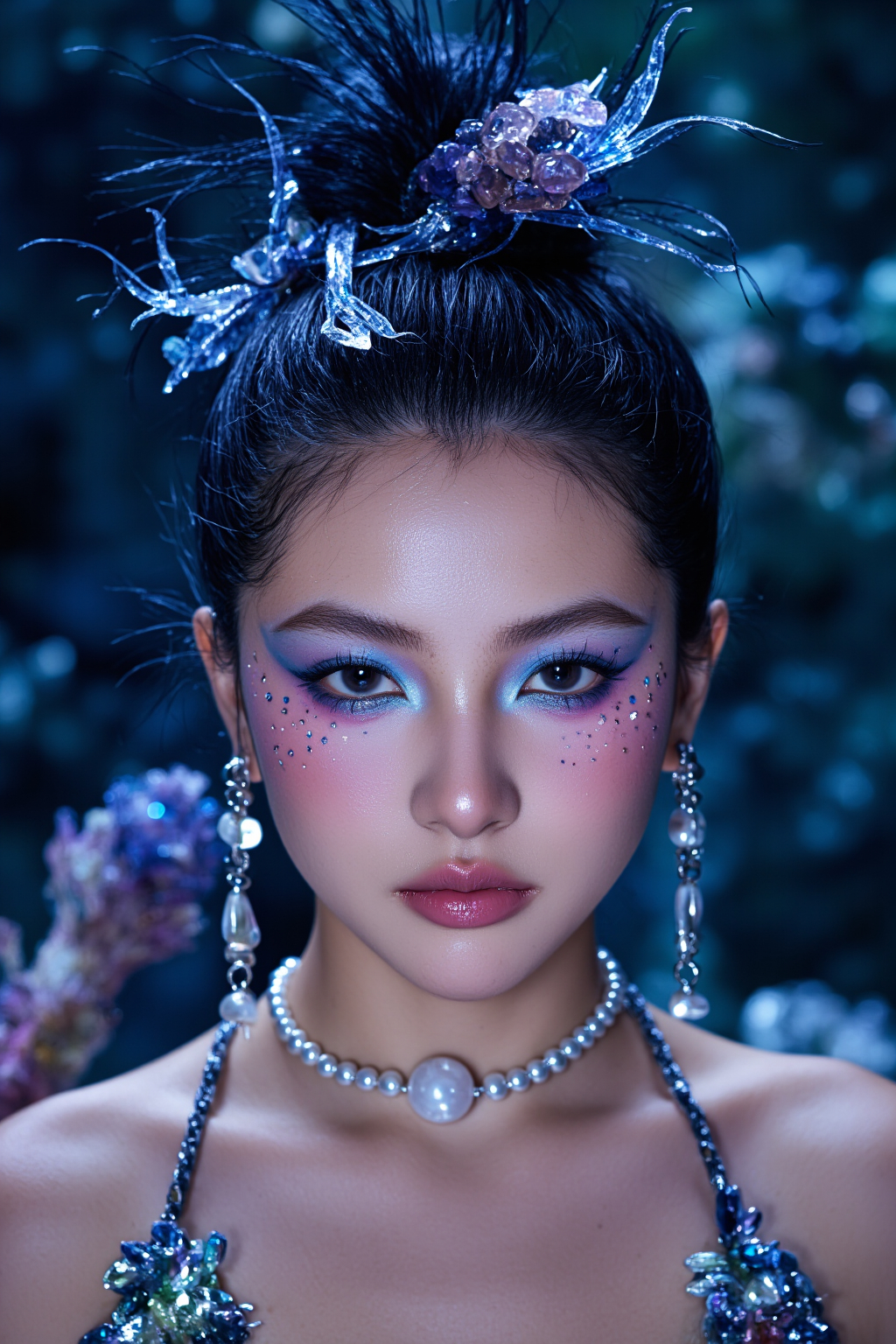 Asian Woman With Fair Skin Dark Hair In An Updo Wearing Glittery Makeup And