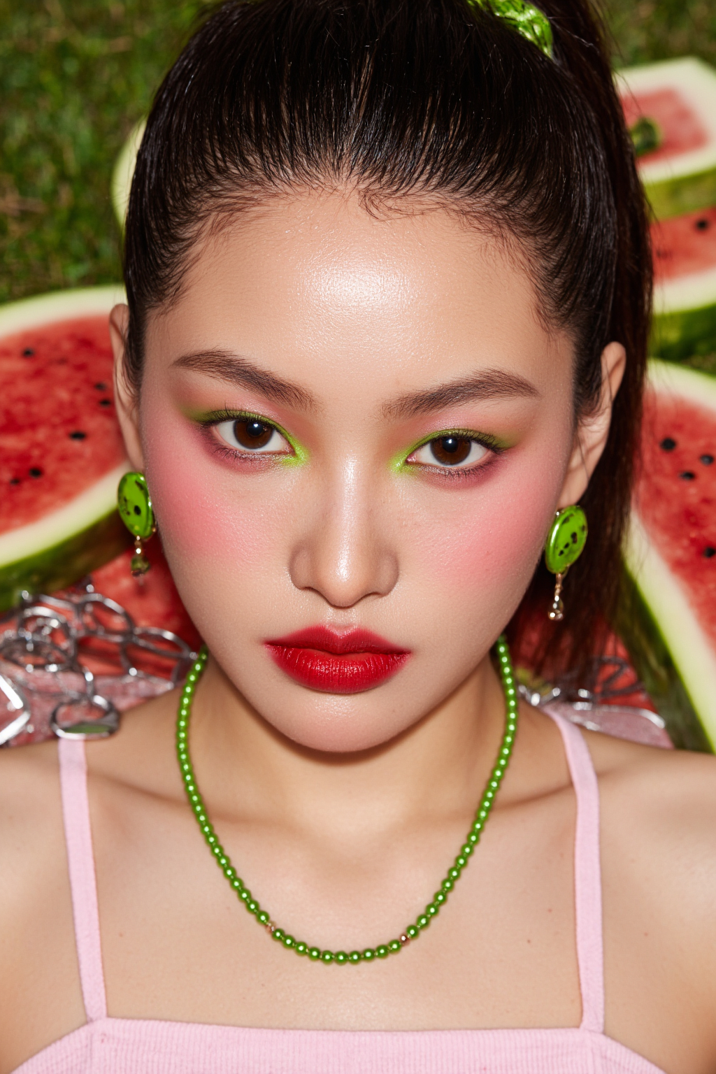 Asian Woman With High Cheekbones Green And And Red Eyeshadow Red Lips Green Earrings