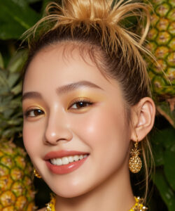 Asian Woman With Light Skin Blonde Hair Hair In A Bun Yellow Eyeshadow Pineapple