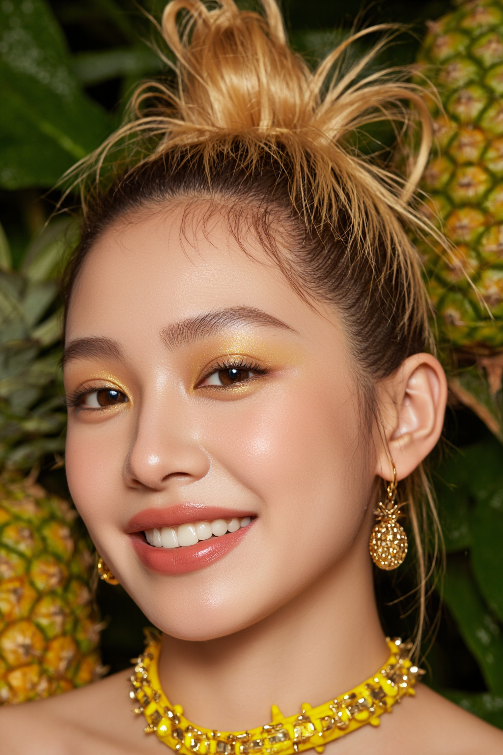 Asian Woman With Light Skin Blonde Hair Hair In A Bun Yellow Eyeshadow Pineapple