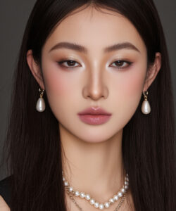 Asian Woman With Long Black Hair Fair Fair Skin Soft Makeup Pearl Earrings And