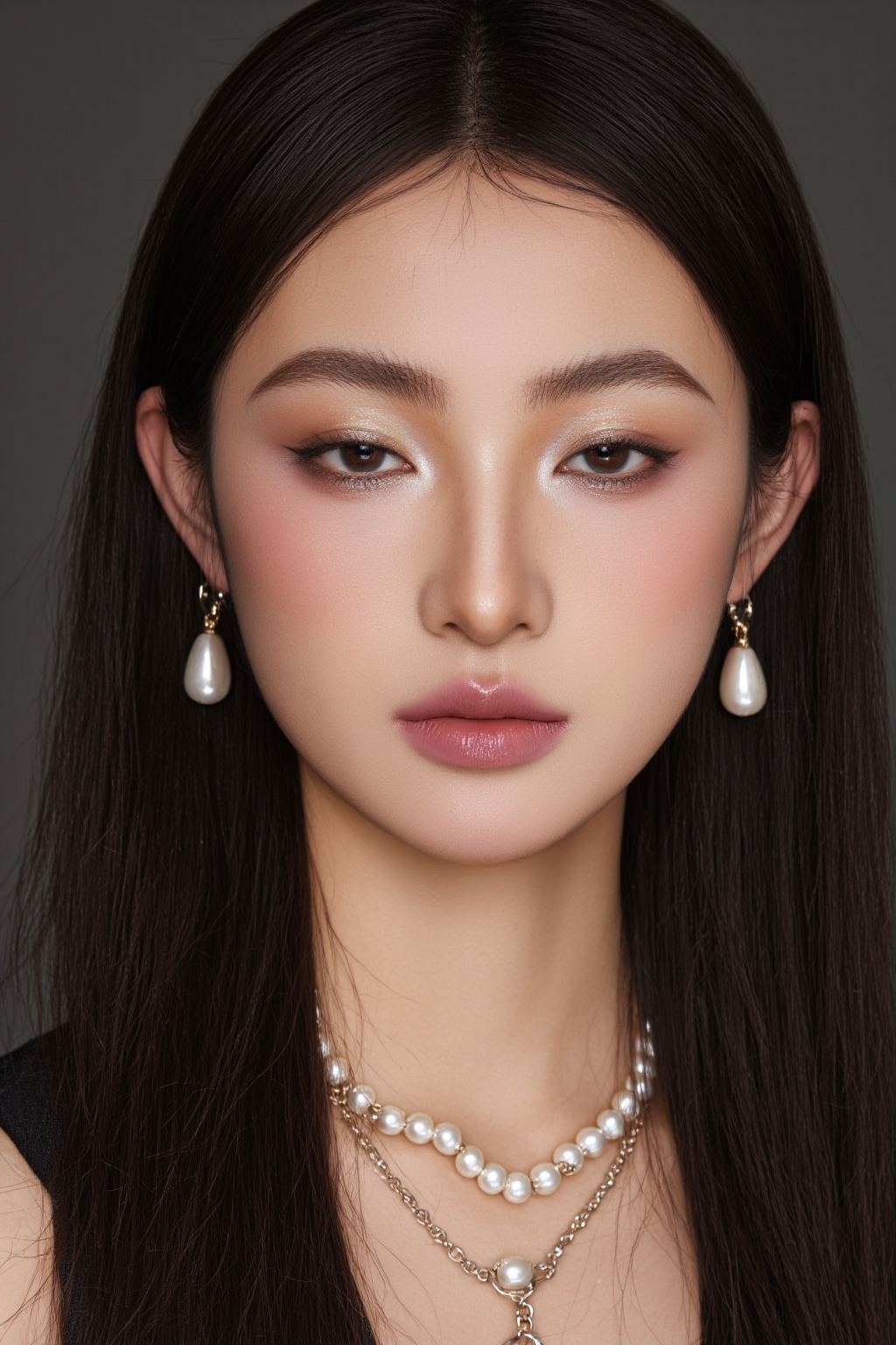 Asian Woman With Long Black Hair Fair Fair Skin Soft Makeup Pearl Earrings And