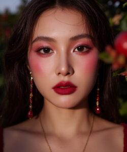 Asian Woman With Long Dark Hair Red Lipstick Pink Eyeshadow Wearing Gold Earrings And