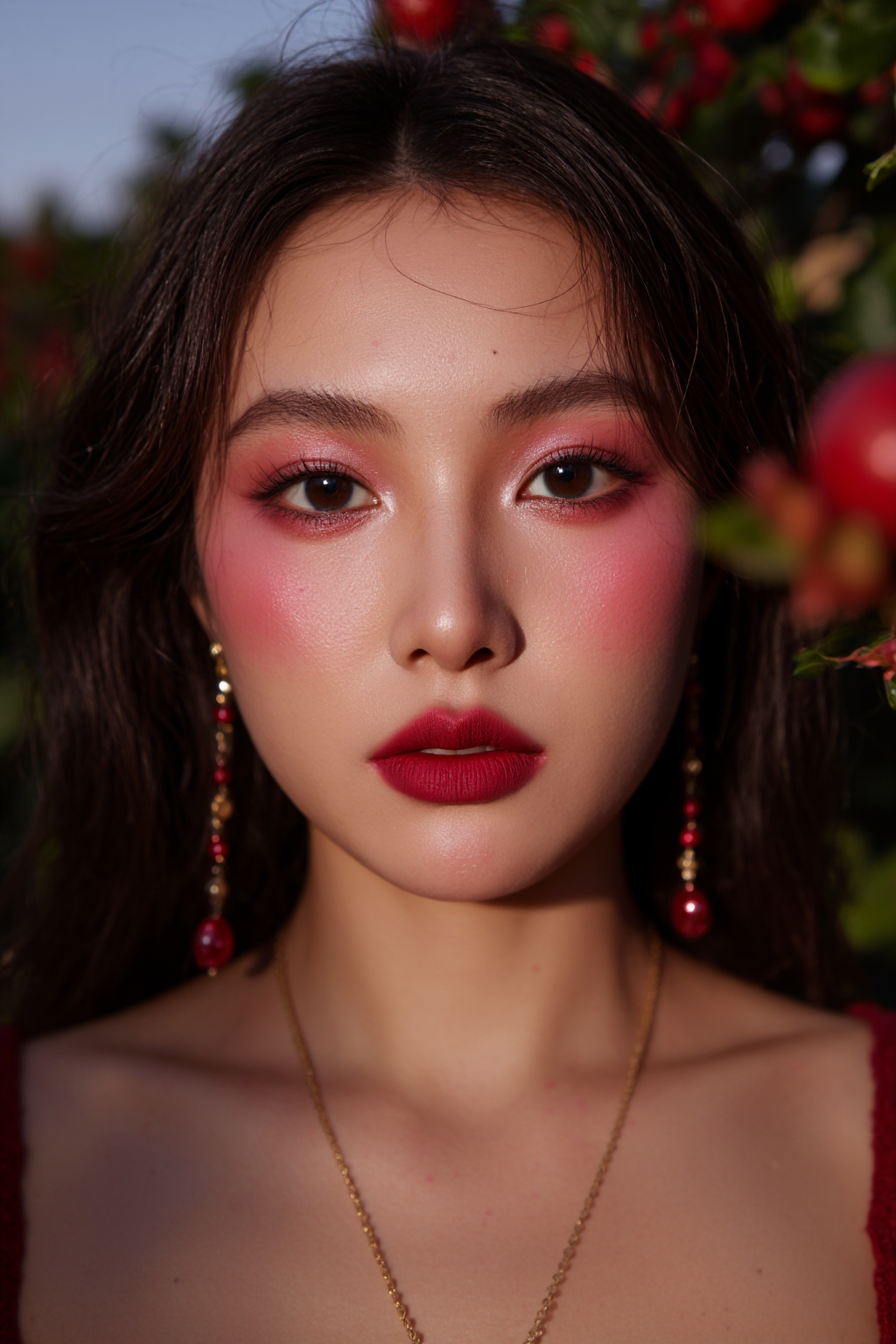 Asian Woman With Long Dark Hair Red Lipstick Pink Eyeshadow Wearing Gold Earrings And