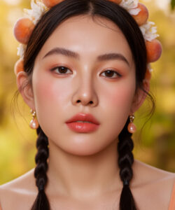 Asian Woman With Peach Crown Braided Braided Black Hair Peach Earrings Soft