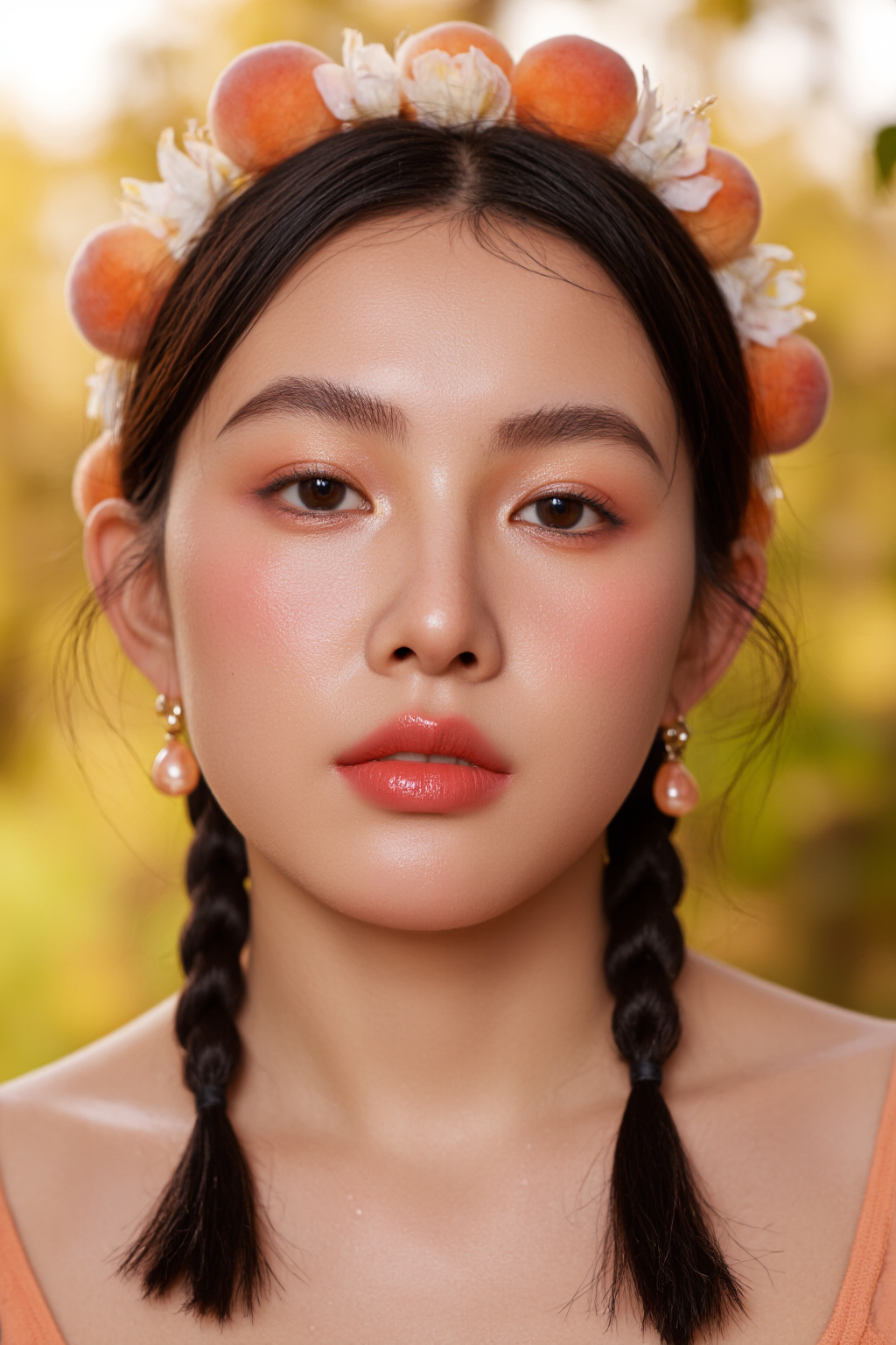 Asian Woman With Peach Crown Braided Braided Black Hair Peach Earrings Soft