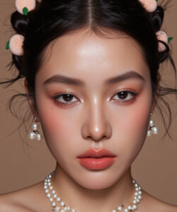 Asian Woman With Peach Hair Buns Peach Peach Earrings Pearl Necklace And Peach Lips