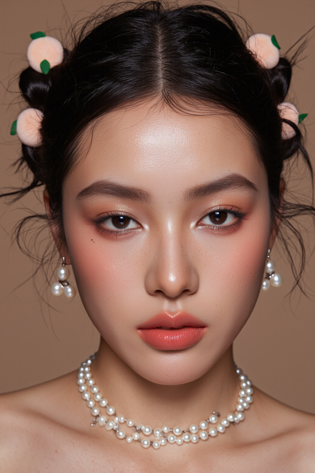 Asian Woman With Peach Hair Buns Peach Peach Earrings Pearl Necklace And Peach Lips