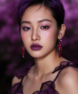 Asian Woman With Short Purple Hair Wearing Purple Lipstick And Matching Earrings In A