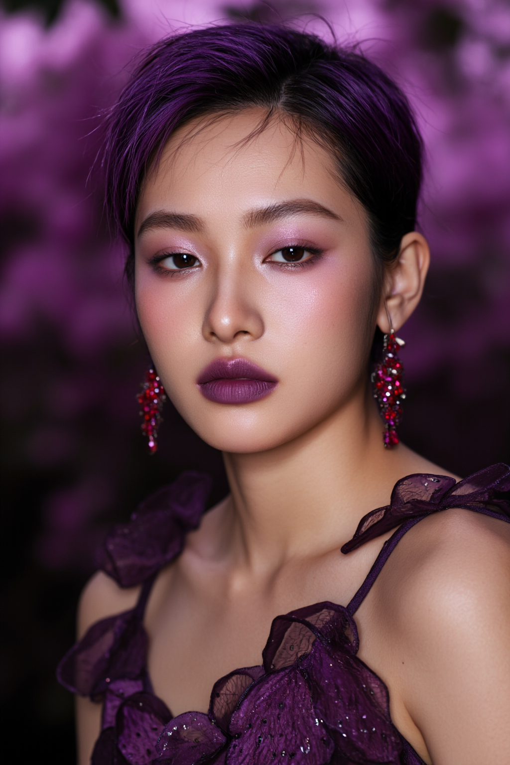 Asian Woman With Short Purple Hair Wearing Purple Lipstick And Matching Earrings In A
