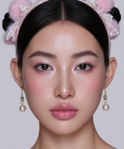 Asian Woman With Smooth Fair Skin Rosy Cheeks Pink Lipstick And Sparkling Pink Hair