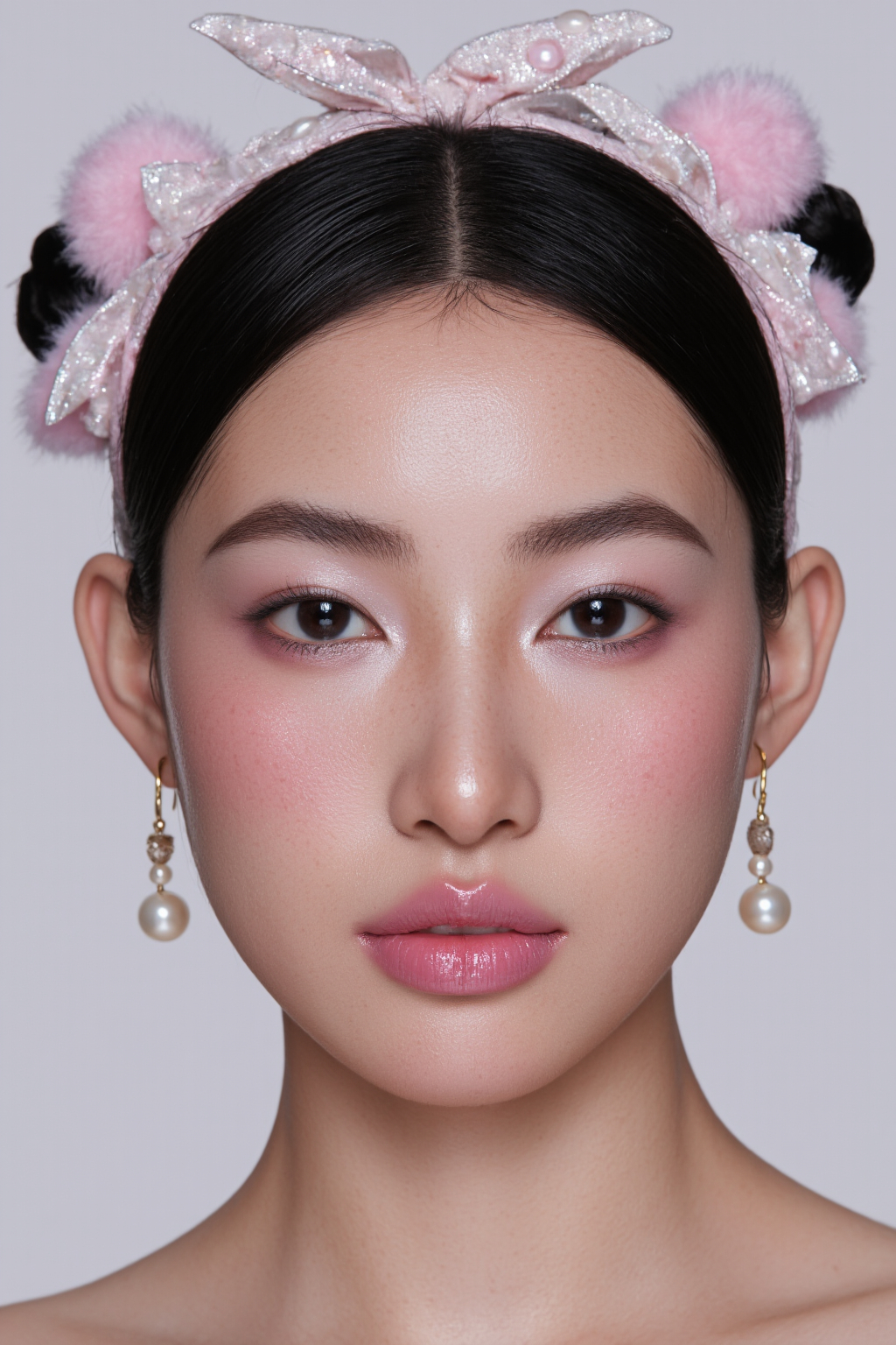 Asian Woman With Smooth Fair Skin Rosy Cheeks Pink Lipstick And Sparkling Pink Hair