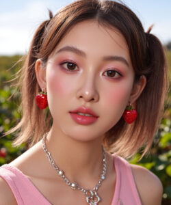Asian Woman With Strawberry Themed Jewelry Jewelry Pink Eyeshadow And A Soft