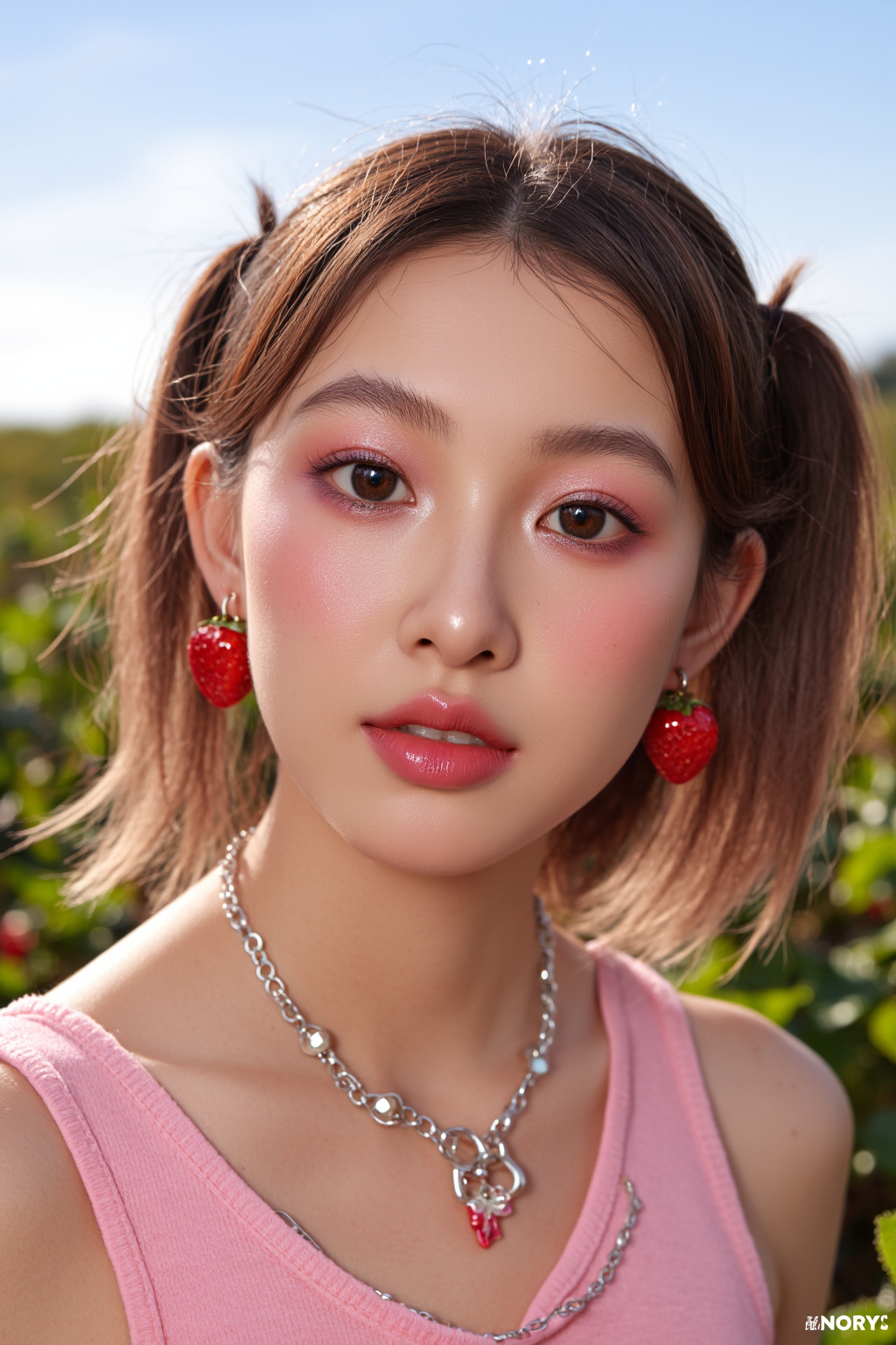 Asian Woman With Strawberry Themed Jewelry Jewelry Pink Eyeshadow And A Soft