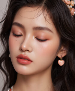 Asian Woman With Wavy Black Hair Wearing Wearing Pearl And Pink Heart Jewelry In