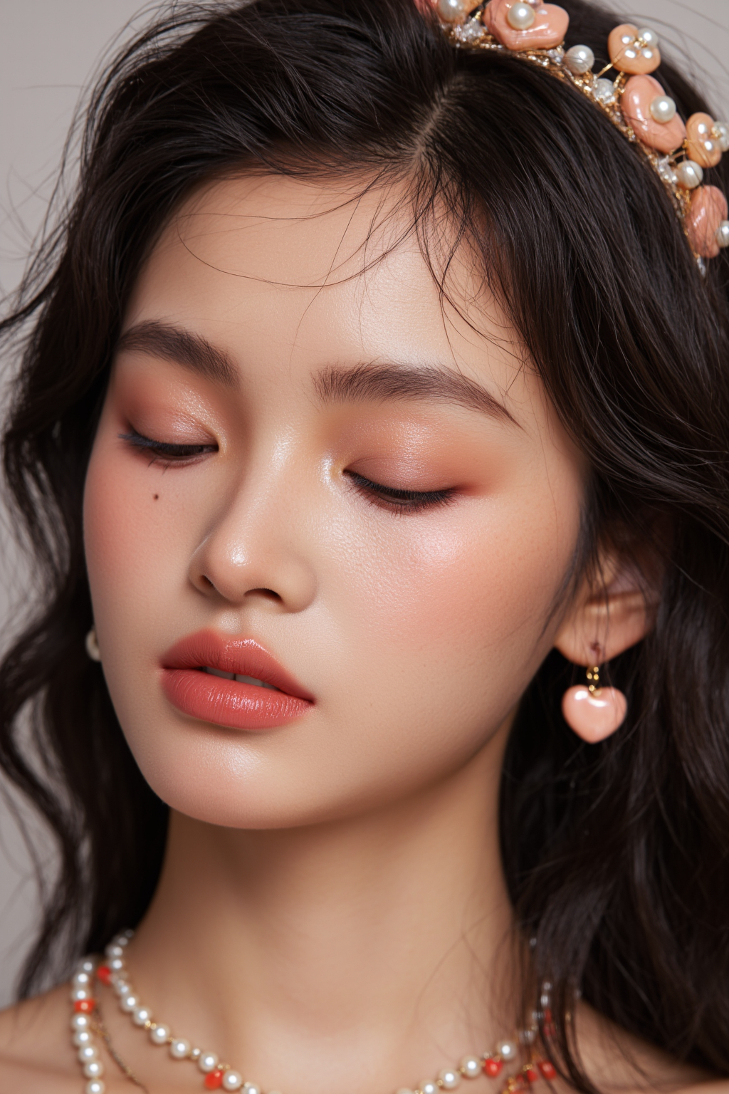 Asian Woman With Wavy Black Hair Wearing Wearing Pearl And Pink Heart Jewelry In