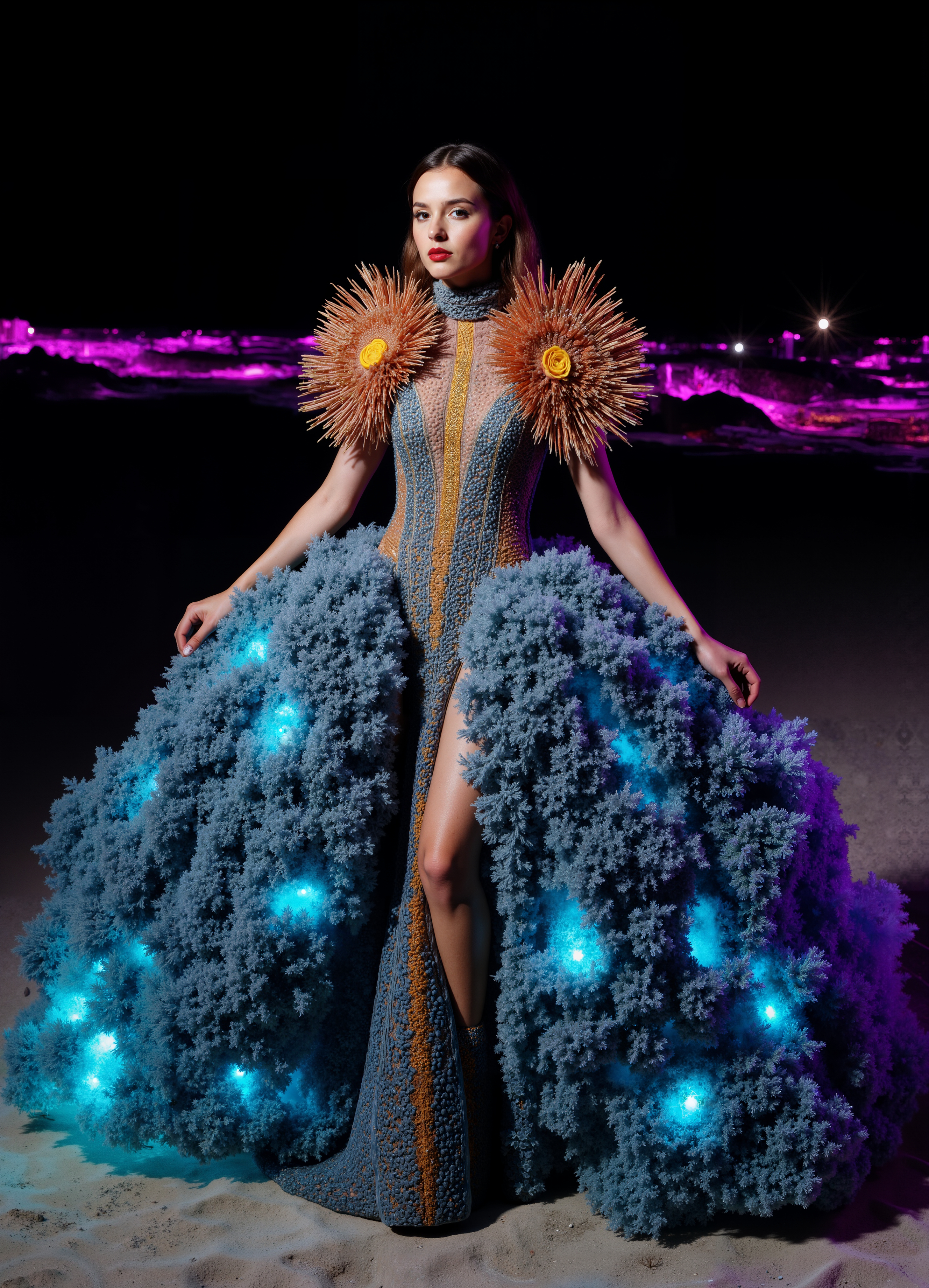 Aurora Borealis Bride Luminous White Gown With Colorful Lights Under The Night Sky