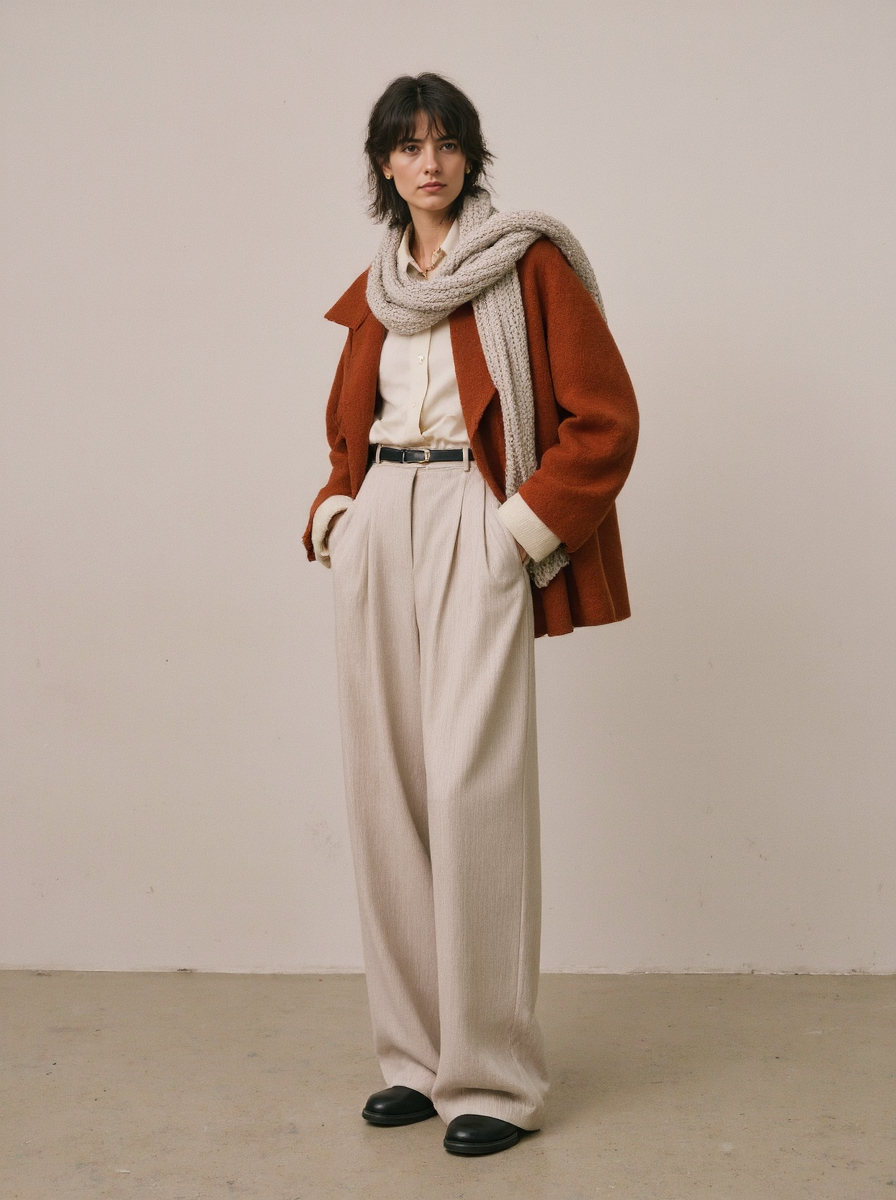 Autumn Fashion Rust Red Coat Beige Scarf High Waisted Pants