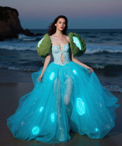 Azure Glow Gown Light Blue Dress With Luminous Accents Textured Green Shoulders