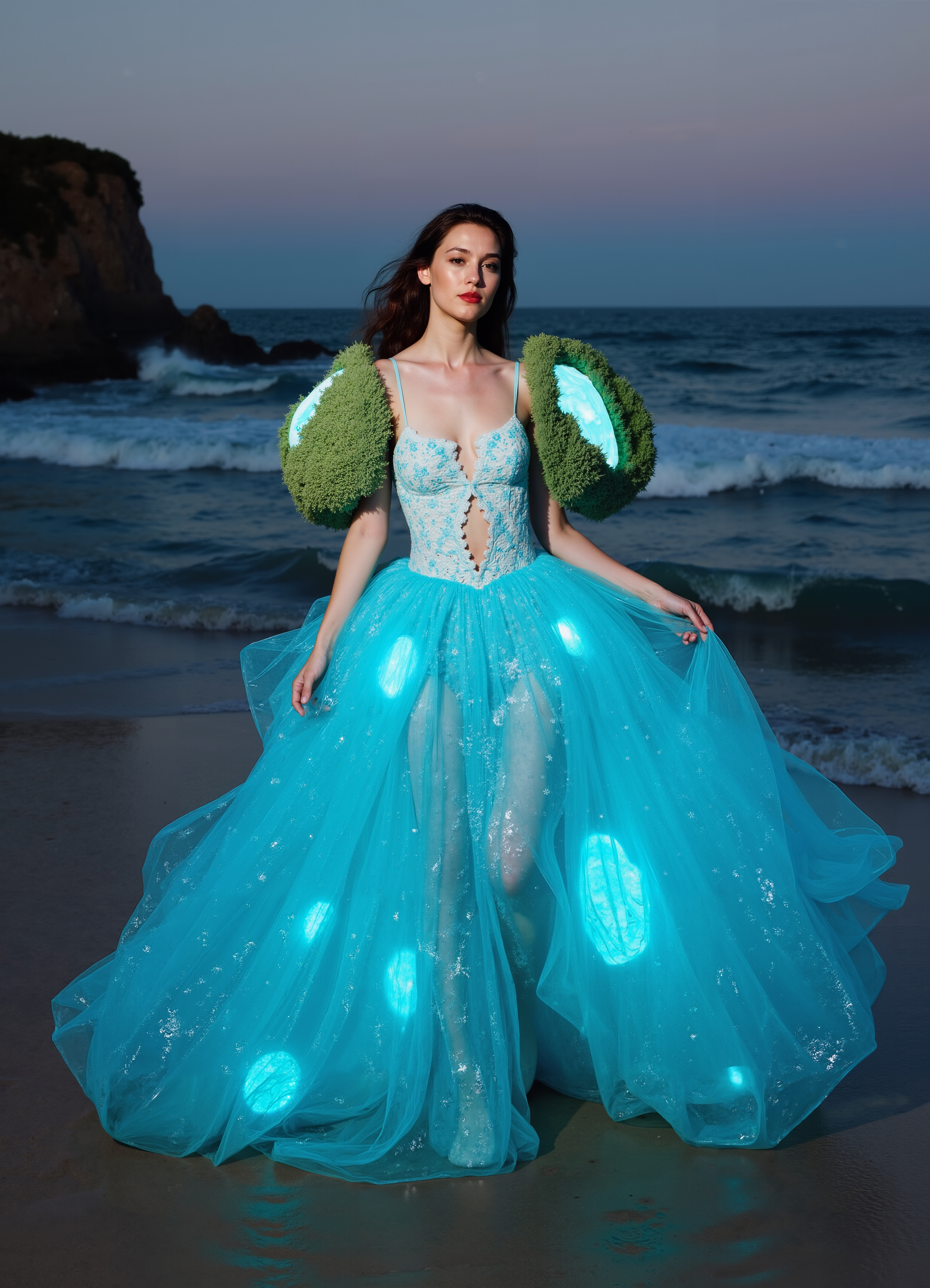 Azure Glow Gown Light Blue Dress With Luminous Accents Textured Green Shoulders