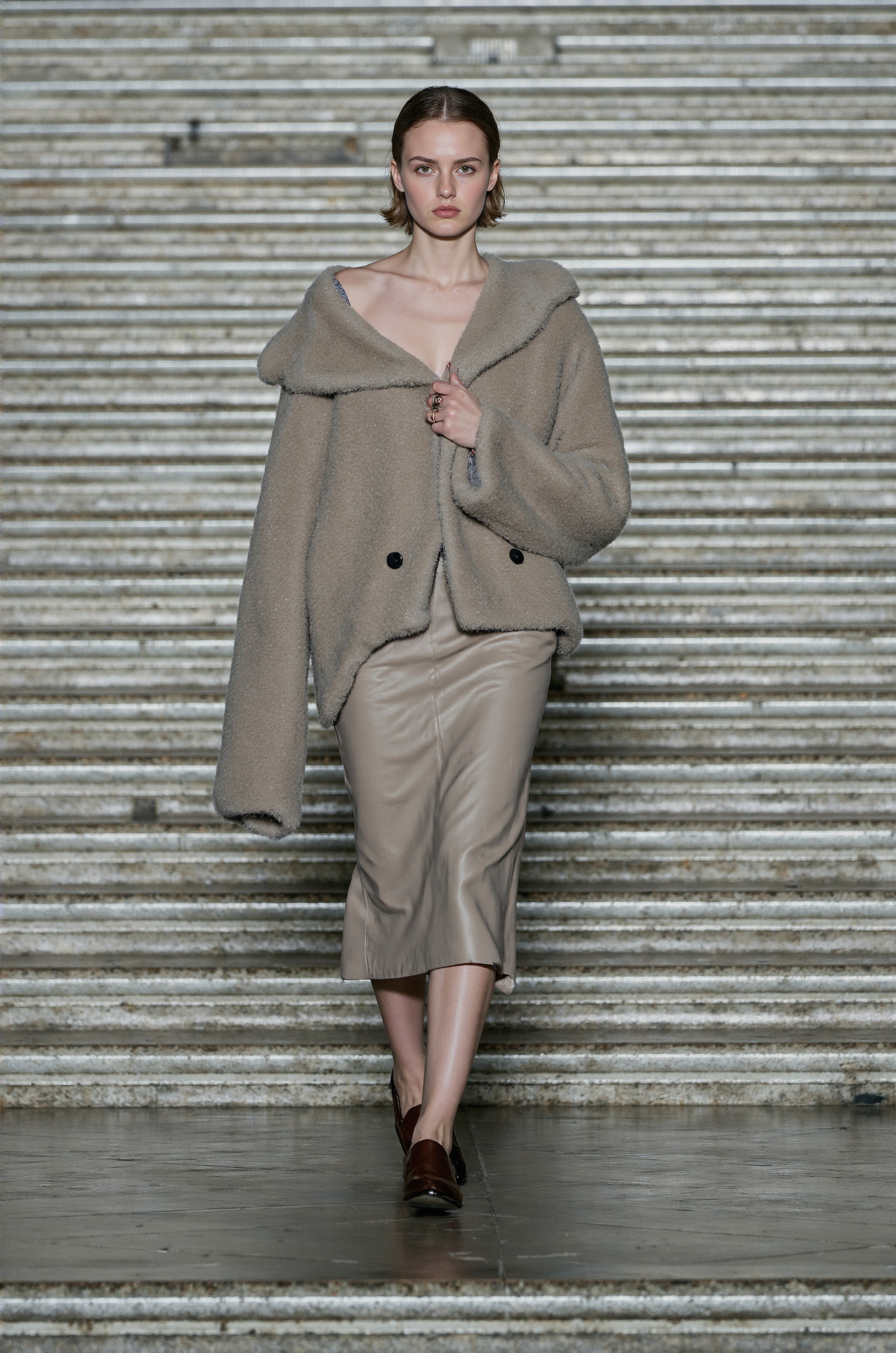 Beige Teddy Jacket Leather Midi Skirt Cozy Fashion Neutral Tones
