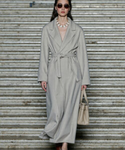 Beige Wrap Coat Fashion Week Elegant Outerwear Statement Necklace