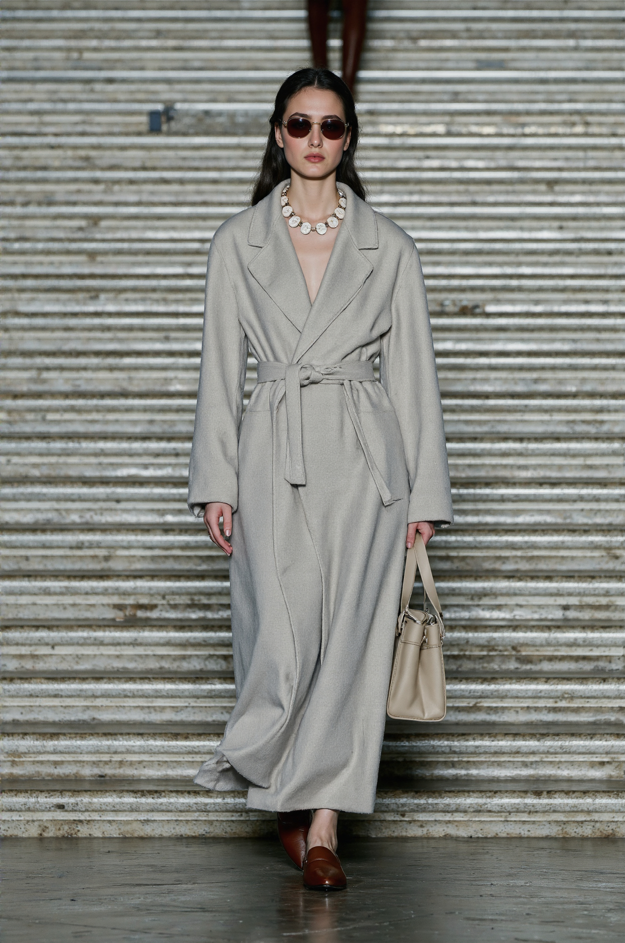 Beige Wrap Coat Fashion Week Elegant Outerwear Statement Necklace