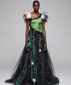 Bio Futuristic Gown Striking Black Green Vein Patterned Dress With Bold Shoulders