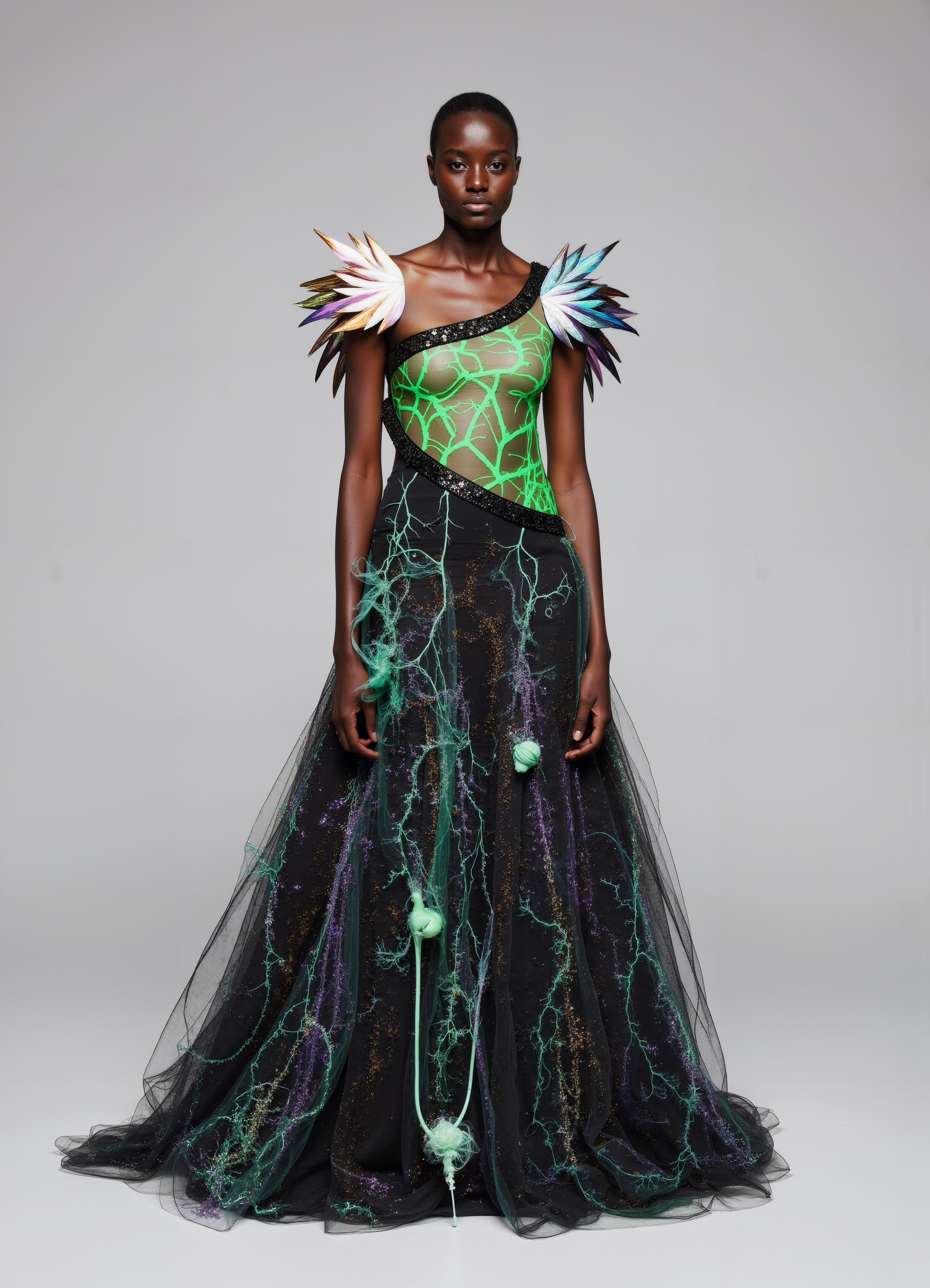 Bio Futuristic Gown Striking Black Green Vein Patterned Dress With Bold Shoulders