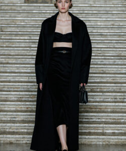Black Coat Crop Top Midi Skirt Runway Elegant Sophisticated Evening Wear Fashion