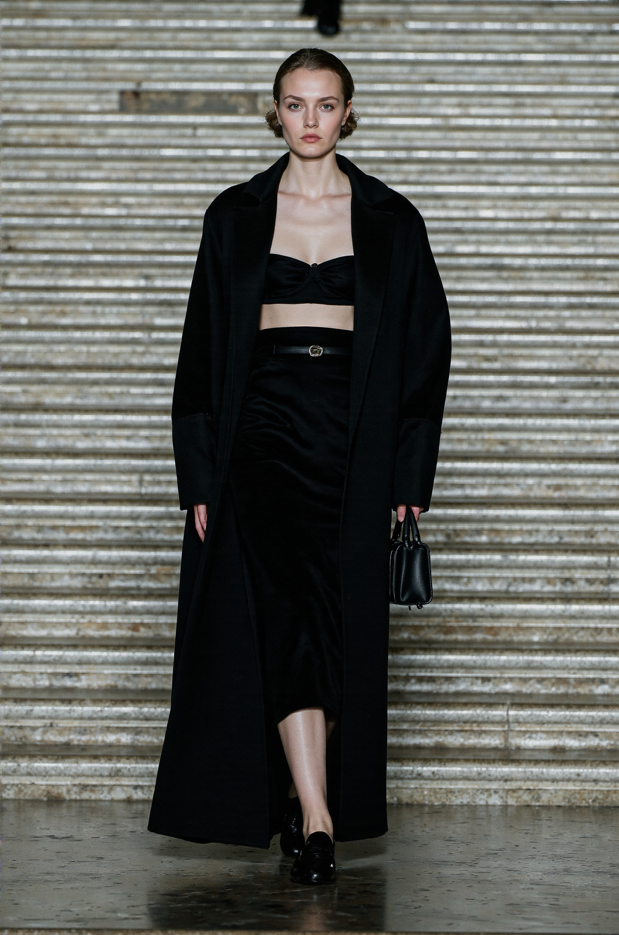 Black Coat Crop Top Midi Skirt Runway Elegant Sophisticated Evening Wear Fashion