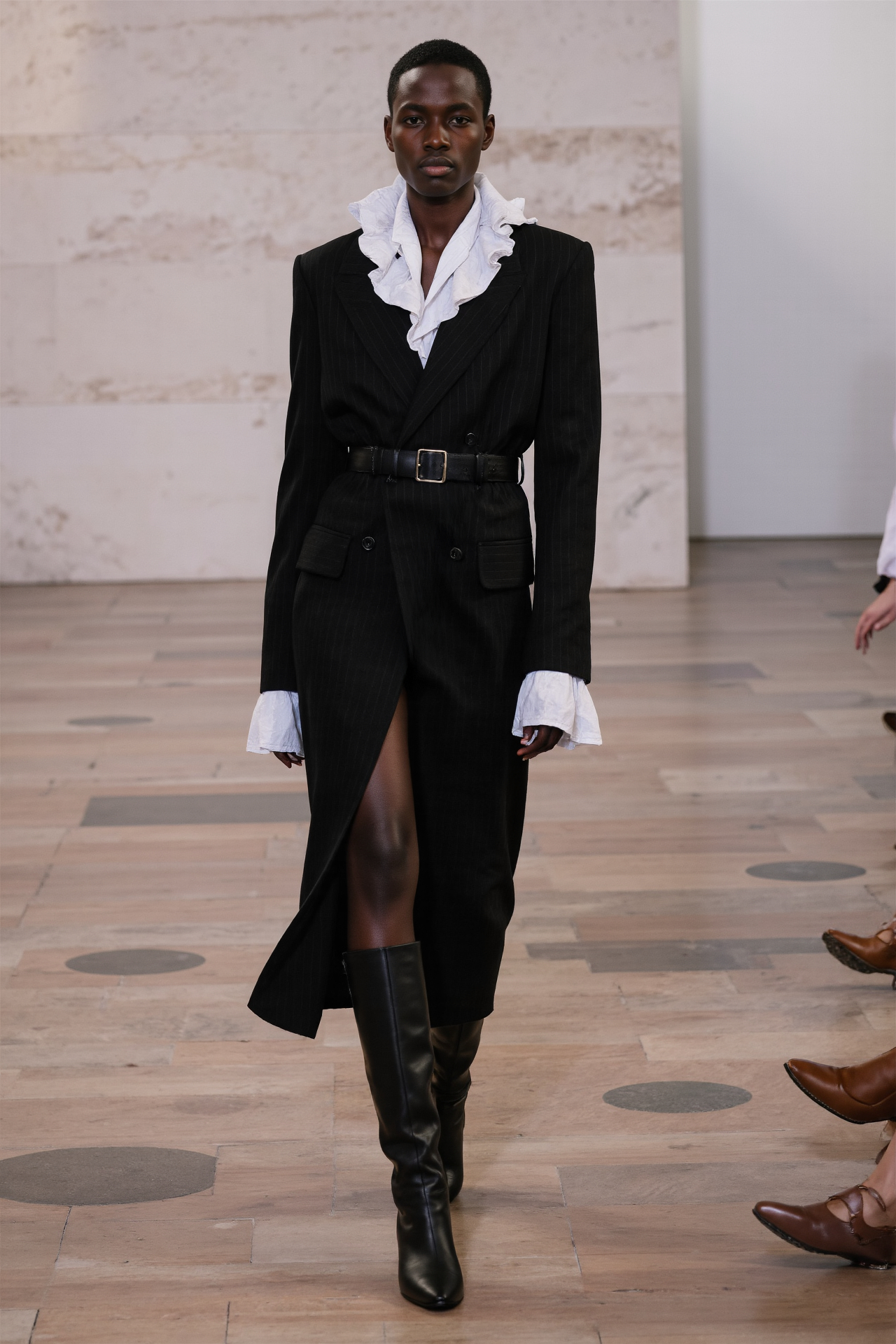 Black Coat Dress Ruffled Blouse Power Dressing Runway Elegant Statement Fashion