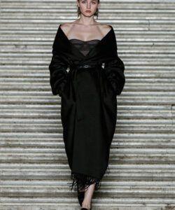 Black Coat Fringe Skirt Bustier Runway Evening Wear High Fashion Sophisticated