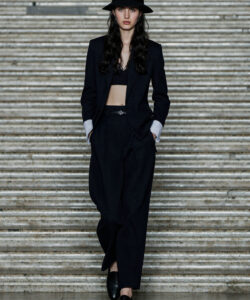 Black Suit Wide Leg Pants Fedora Hat Crop Top Menswear Inspired