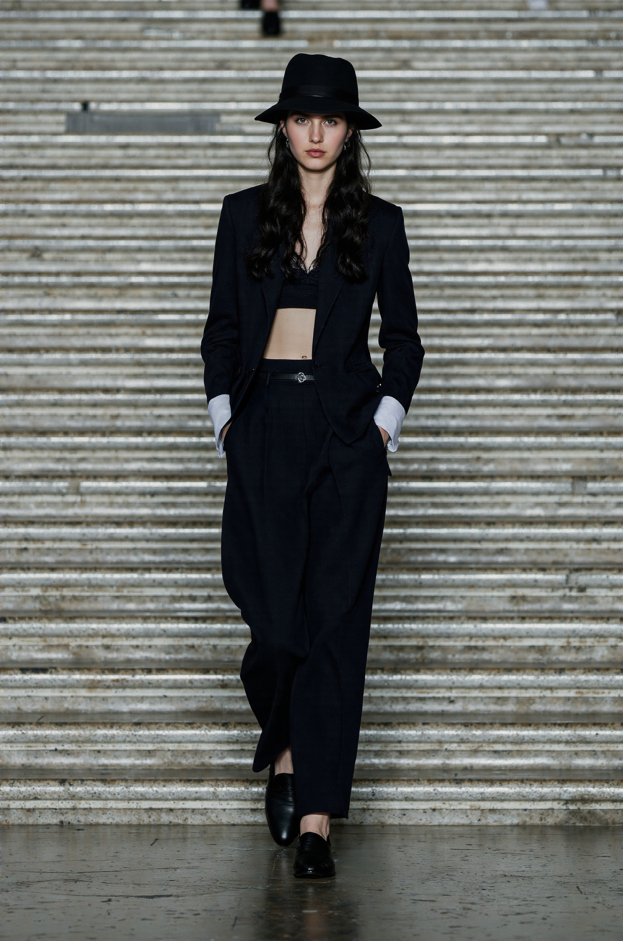 Black Suit Wide Leg Pants Fedora Hat Crop Top Menswear Inspired
