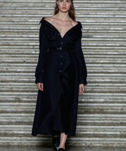 Black Trench Coat Off Shoulder Belted Dress Elegant Evening Wear Dark Fashion