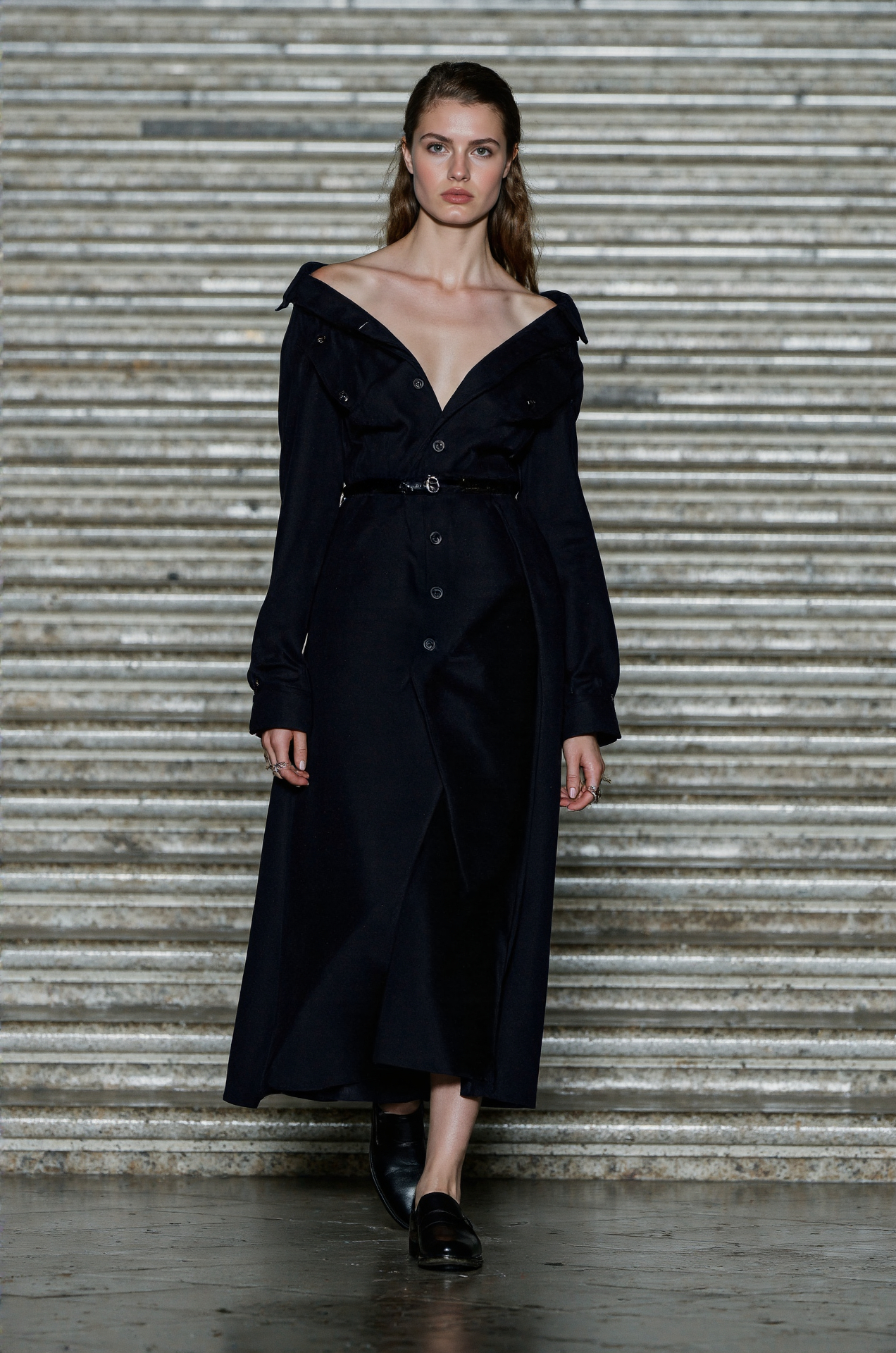 Black Trench Coat Off Shoulder Belted Dress Elegant Evening Wear Dark Fashion