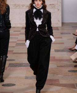 Black Velvet Blazer Ruffled Blouse Black Trousers Elegant Chic Runway Fashion