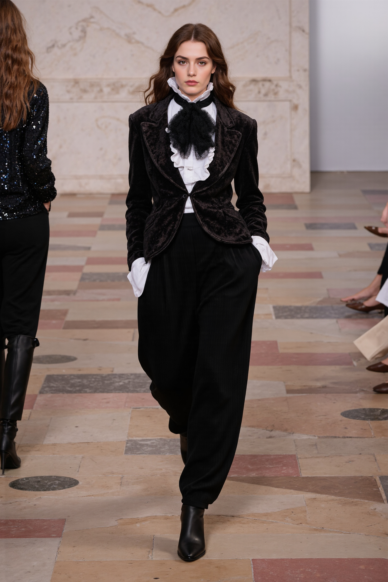 Black Velvet Blazer Ruffled Blouse Black Trousers Elegant Chic Runway Fashion