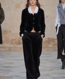 Black Velvet Jacket Ruffled Collar Wide Leg Pants Chic Stylish Runway Look