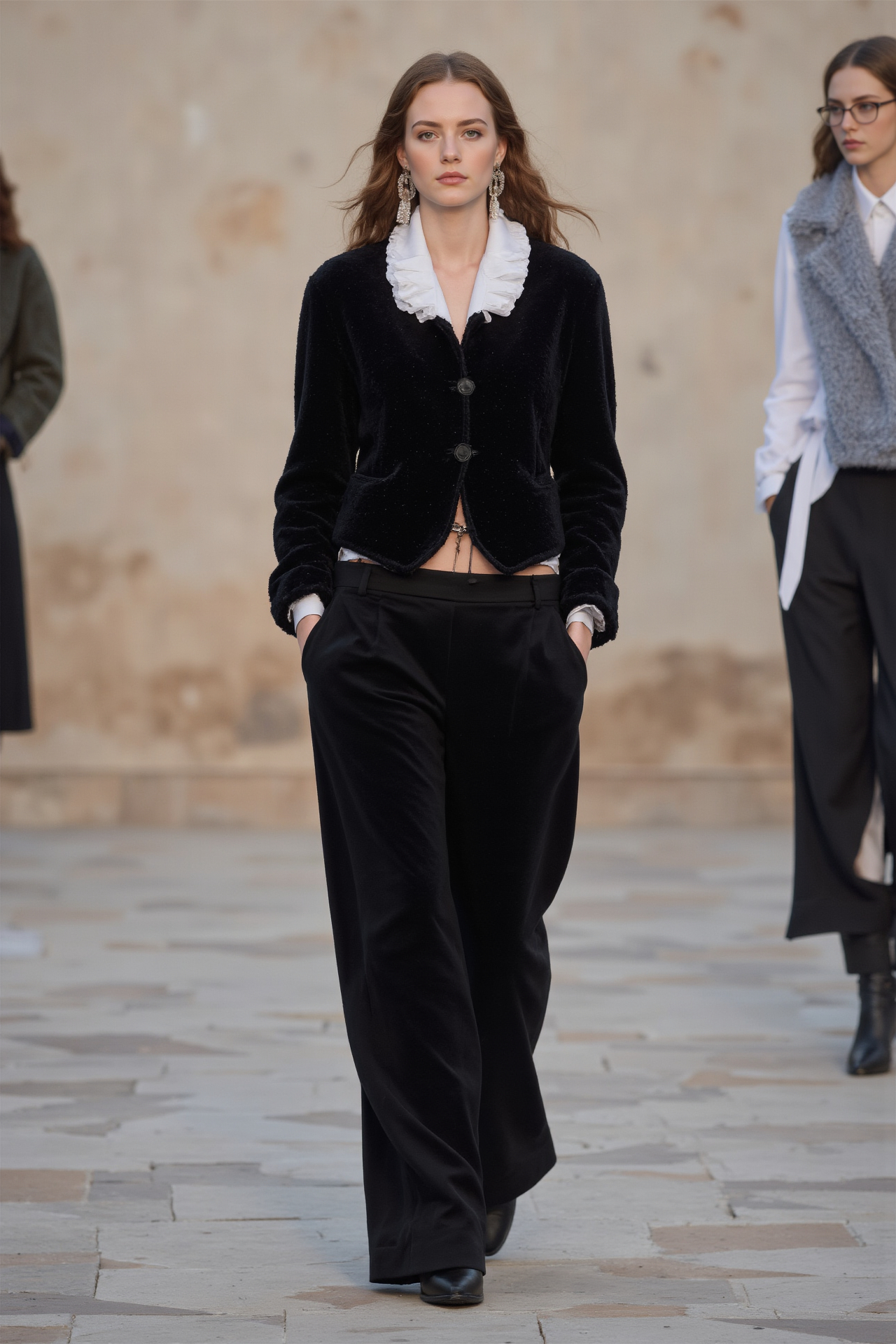 Black Velvet Jacket Ruffled Collar Wide Leg Pants Chic Stylish Runway Look