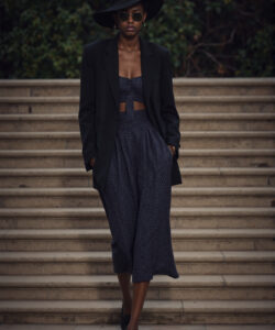 Black Wide Brim Hat Oversized Blazer Patterned Skirt Crop Top Stylish Layering